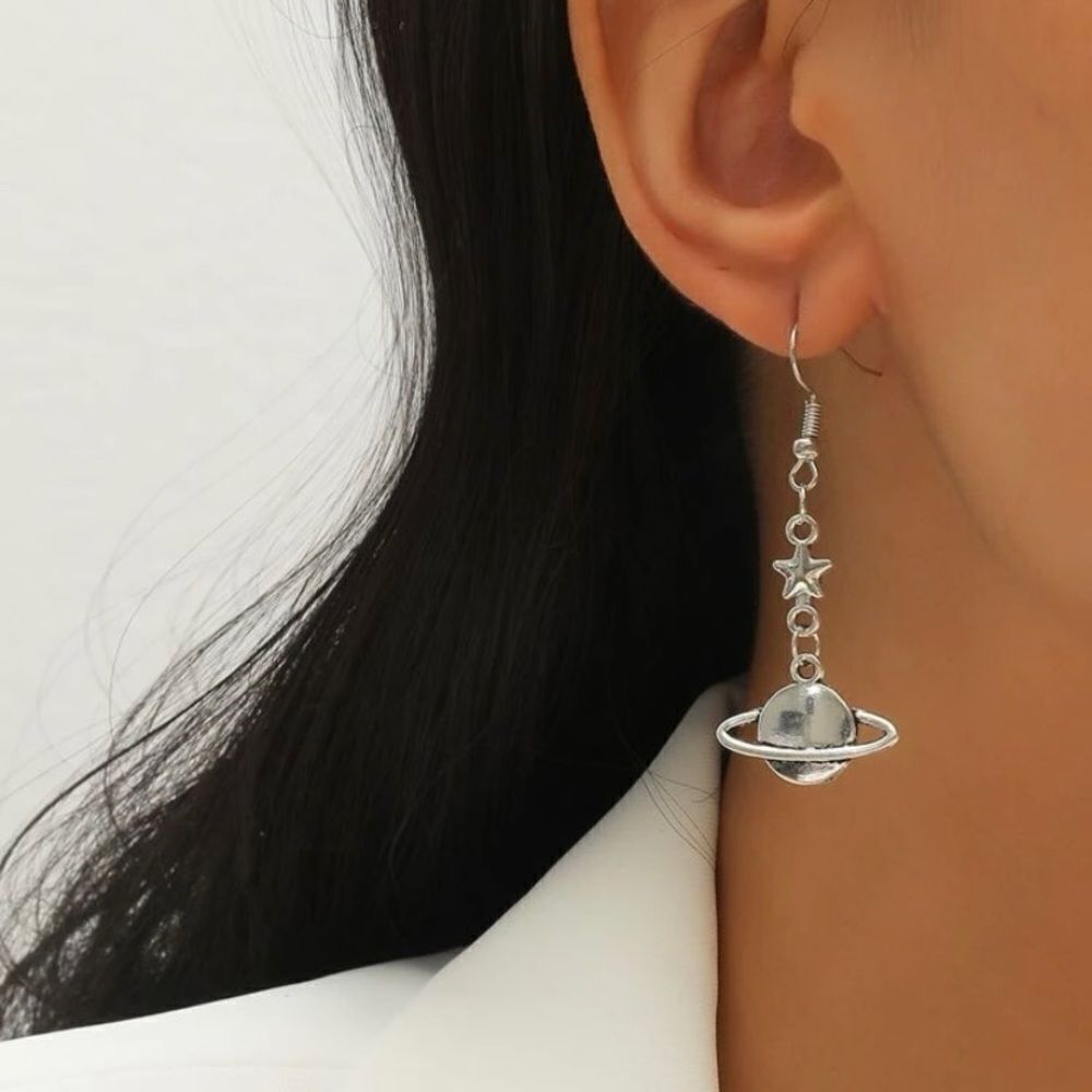 Pair of silver planet drop earrings, dangle, star, cute, space lover